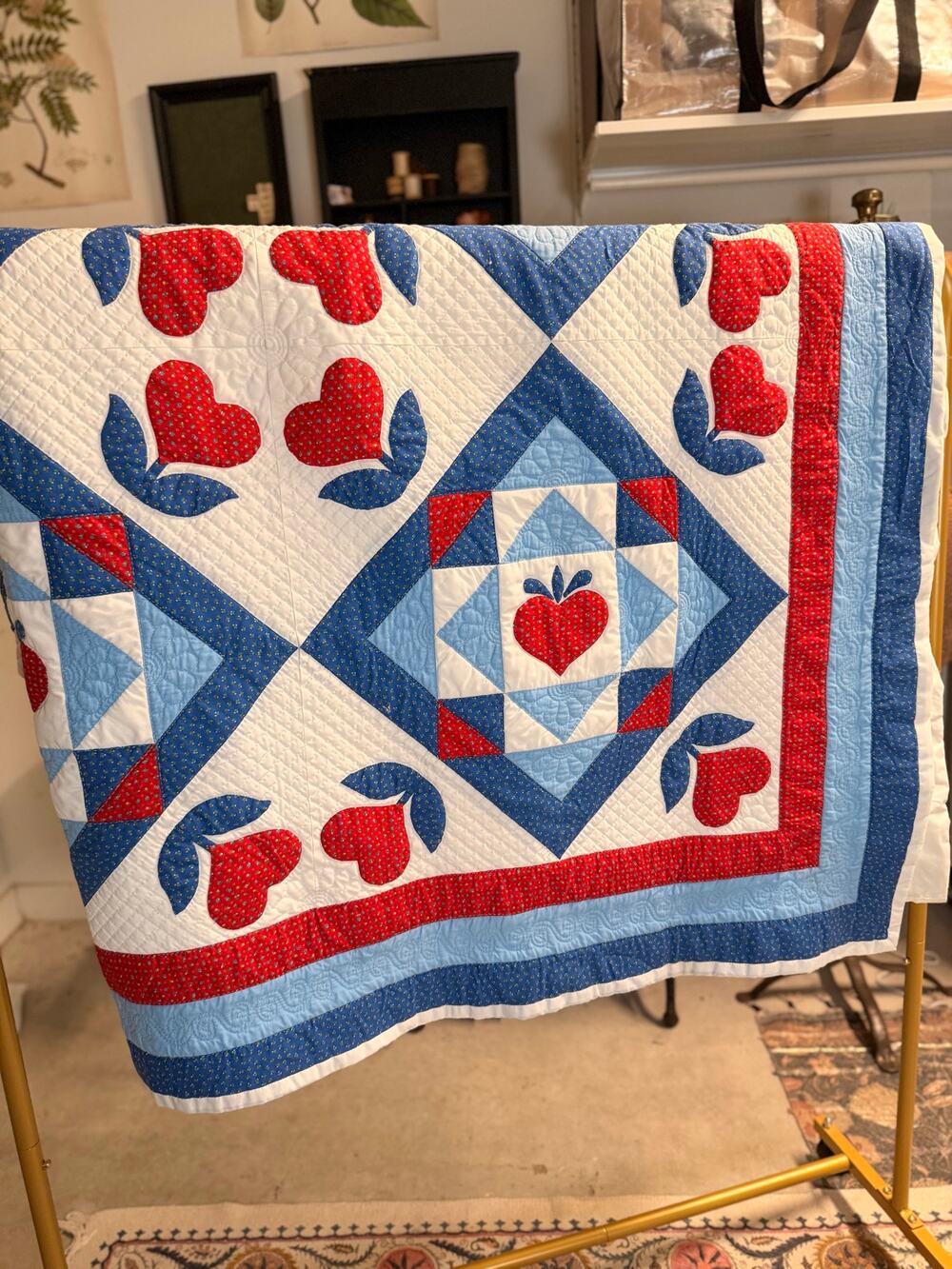 Vintage Handmade Quilt Throw Red Blue Apple Heart Floral Cottagecore Farmhouse